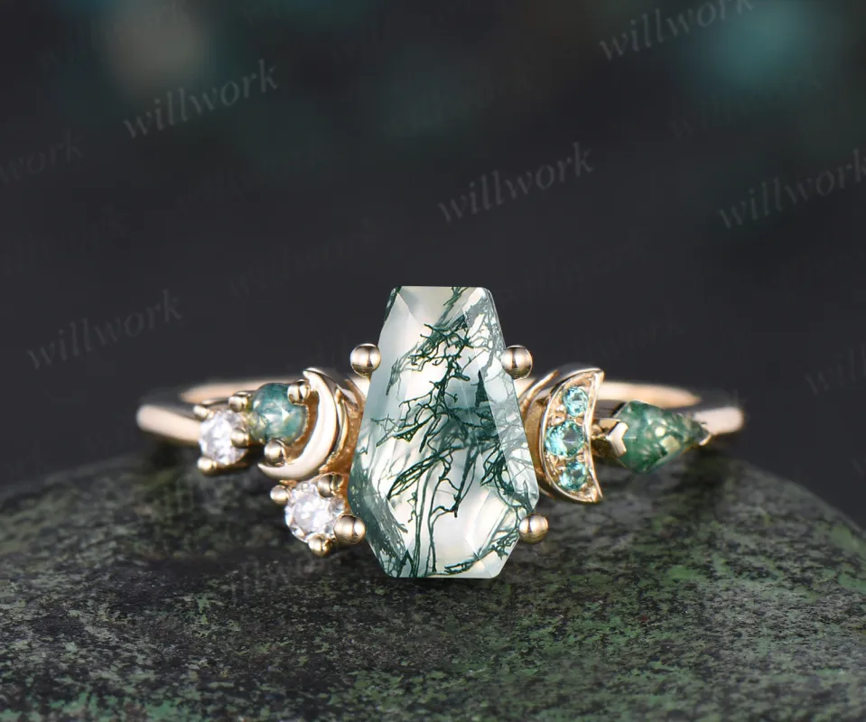 Unique moon ring kite Coffin natural moss agate engagement ring yellow gold cluster emerald wedding ring perfect moon anniversary gift sold by Willwork Jewelry