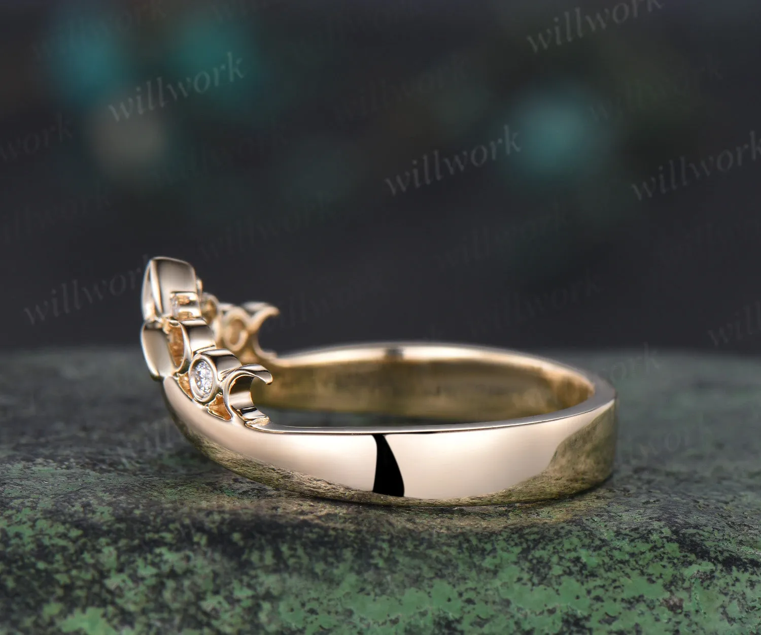 Celtic knot diamond wedding band 14k yellow gold moon bezel wedding ring mens stacking anniversary gift sold by Willwork Jewelry product image thumbnail 2