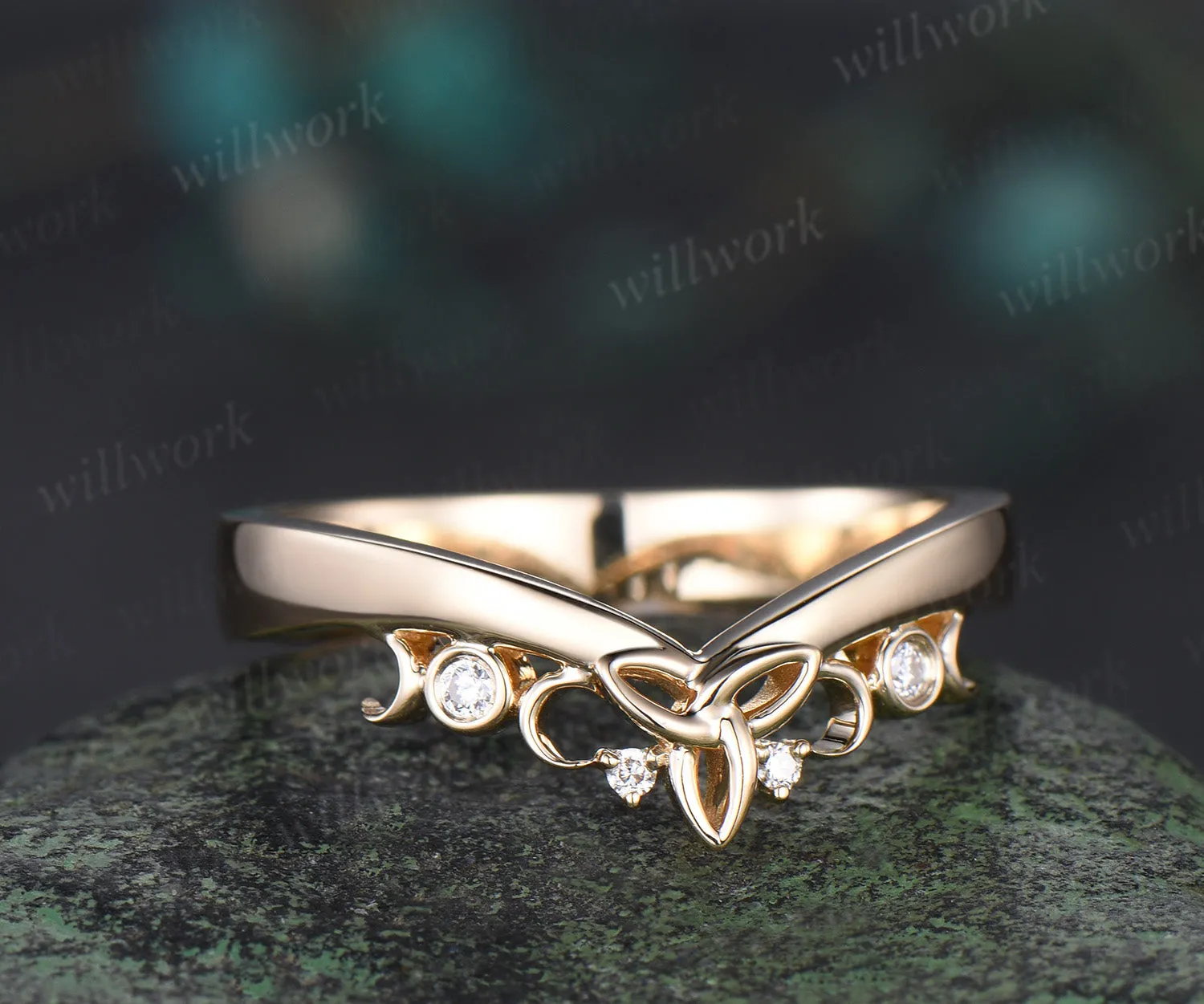 Celtic knot diamond wedding band 14k yellow gold moon bezel wedding ring mens stacking anniversary gift sold by Willwork Jewelry product image thumbnail 3