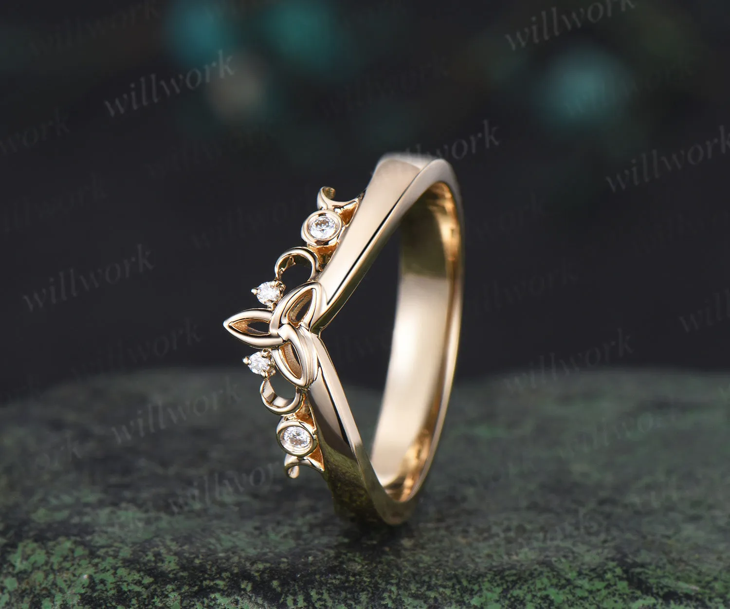 Celtic knot diamond wedding band 14k yellow gold moon bezel wedding ring mens stacking anniversary gift sold by Willwork Jewelry product image thumbnail 5