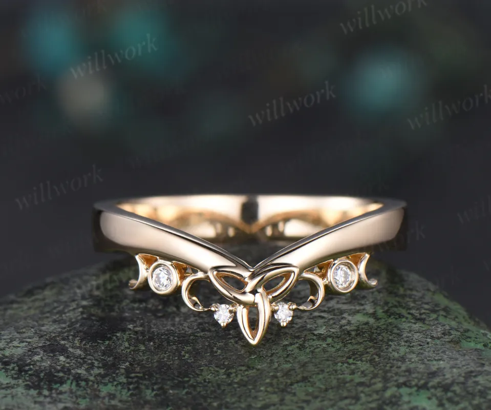Celtic knot diamond wedding band 14k yellow gold moon bezel wedding ring mens stacking anniversary gift sold by Willwork Jewelry