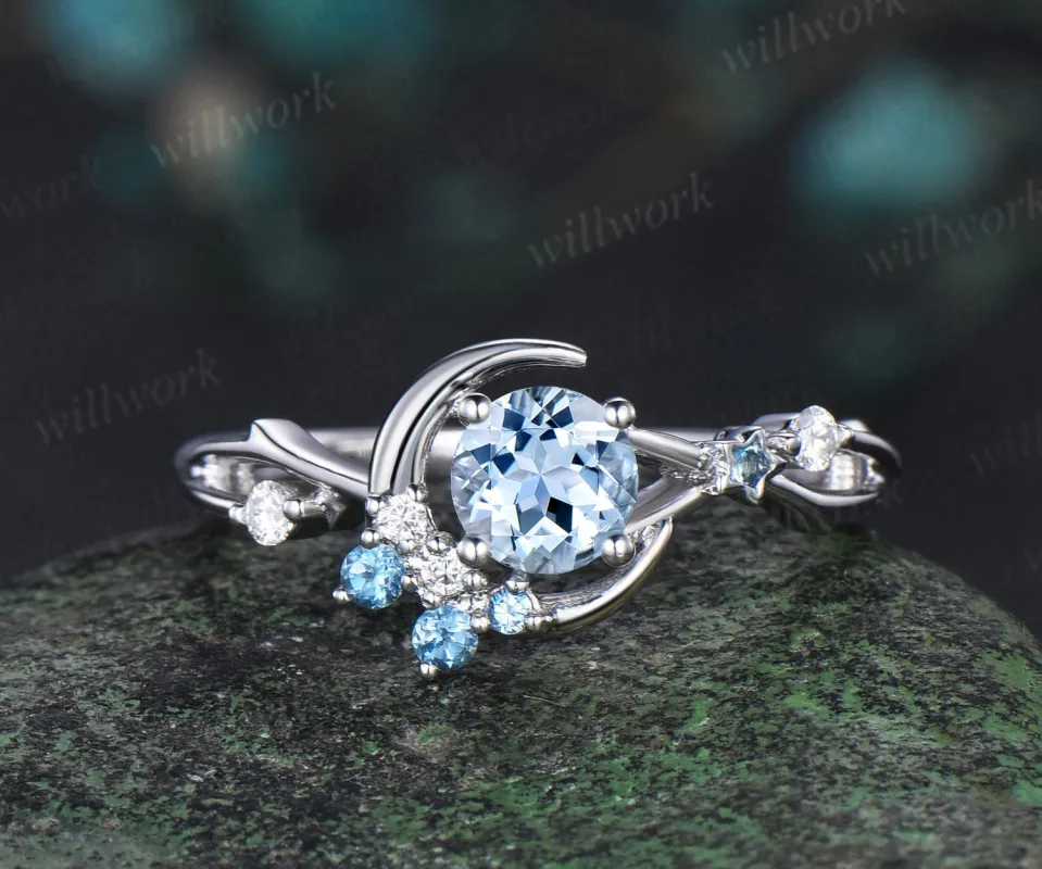 READY TO SHIP: Round Aquamarine Engagement Ring - Sterling Silver - Ring Size: 7 US sold by Willwork Jewelry