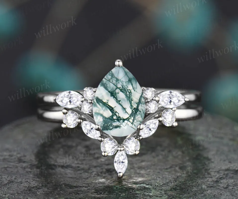 READY TO SHIP: 2PC Pear Shape Moss Agate Ring Set - Sterling Silver - Ring Size: 10 US sold by Willwork Jewelry