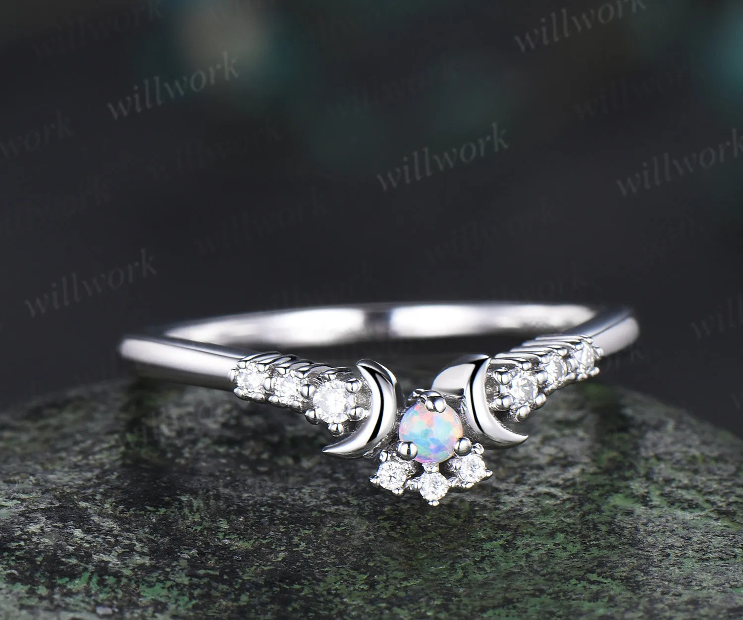 Crescent Moon Opal Diamond Contour Wedding Band 14k white gold Opal Celestial Nesting dainty Stacking Ring Matching Bridal Band Gift Women sold by Willwork Jewelry