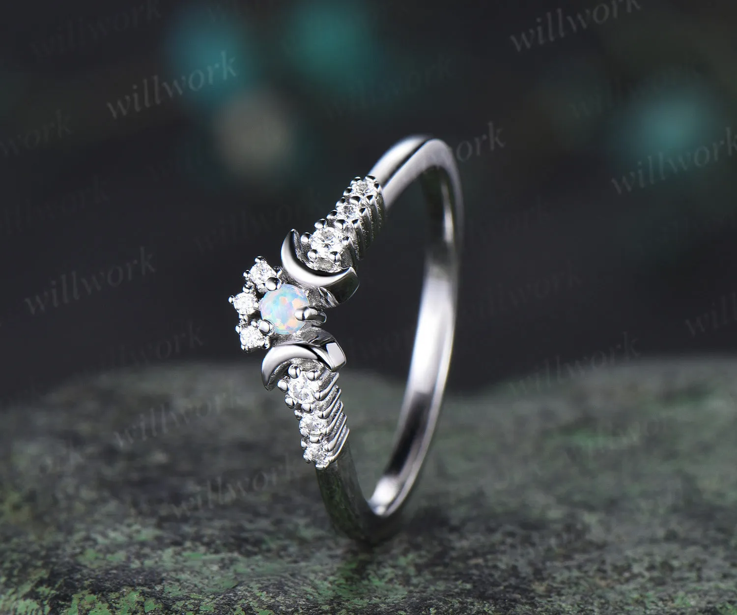 Crescent Moon Opal Diamond Contour Wedding Band 14k white gold Opal Celestial Nesting dainty Stacking Ring Matching Bridal Band Gift Women sold by Willwork Jewelry product image thumbnail 3