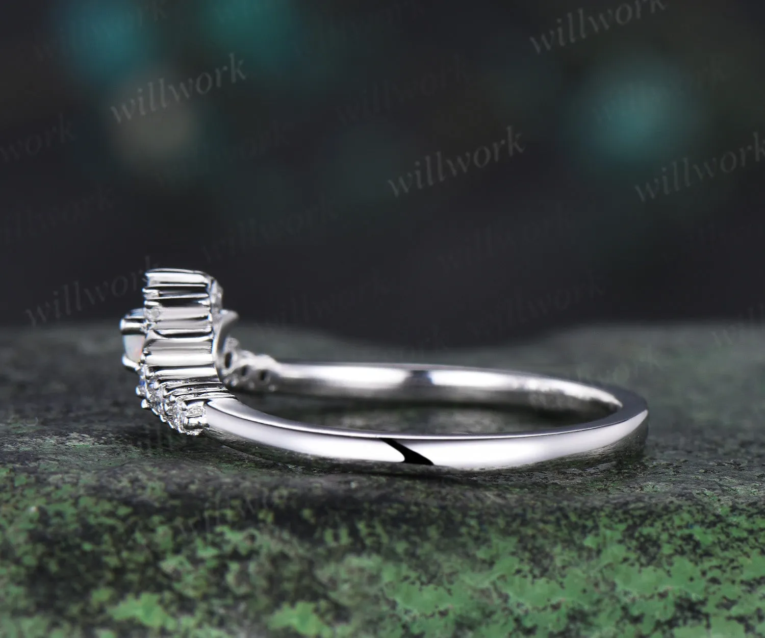 Crescent Moon Opal Diamond Contour Wedding Band 14k white gold Opal Celestial Nesting dainty Stacking Ring Matching Bridal Band Gift Women sold by Willwork Jewelry product image thumbnail 5