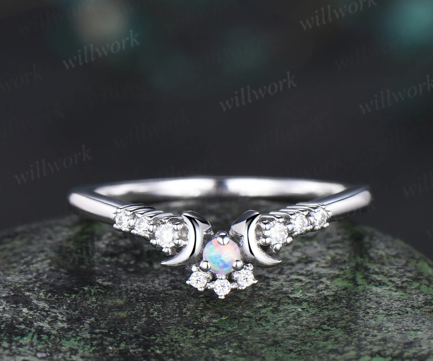 Crescent Moon Opal Diamond Contour Wedding Band 14k white gold Opal Celestial Nesting dainty Stacking Ring Matching Bridal Band Gift Women sold by Willwork Jewelry product image thumbnail 2