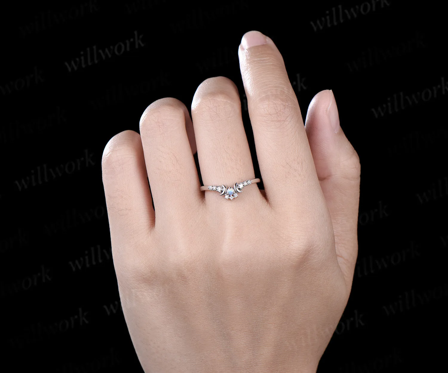 Crescent Moon Opal Diamond Contour Wedding Band 14k white gold Opal Celestial Nesting dainty Stacking Ring Matching Bridal Band Gift Women sold by Willwork Jewelry product image thumbnail 4