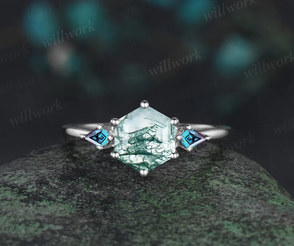 READY TO SHIP: Hexagon Cut Moss Agate Engagement Ring - Sterling Silver - Ring Size:6.25 US made by Willwork Jewelry