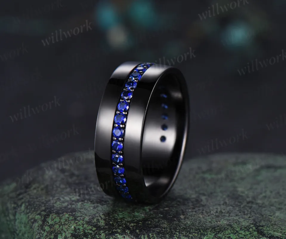 Sapphire mens wedding band 14k black gold 8mm eternity wedding ring anniversary gift for husband sold by Willwork Jewelry