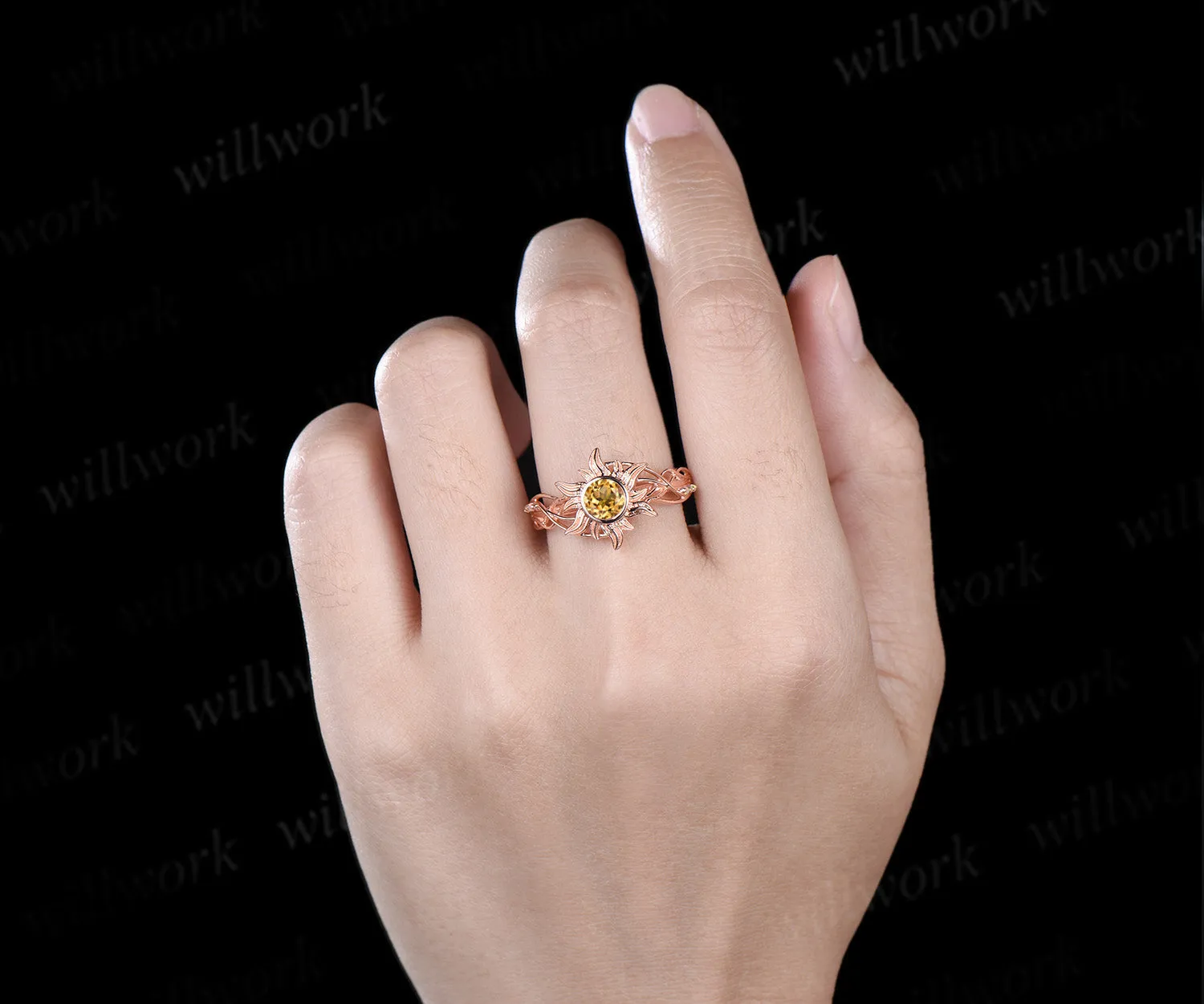 Rapunzel Ring Sun citrine Engagement Ring Tangled Sunflower Ring bezel 14k rose Gold Wedding Ring Birthday Gift For Her sold by Willwork Jewelry product image thumbnail 3