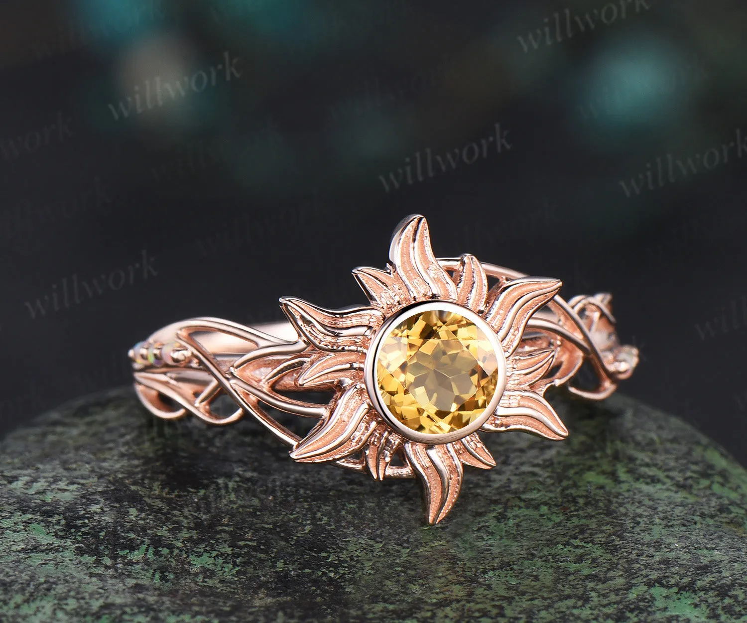 Rapunzel Ring Sun citrine Engagement Ring Tangled Sunflower Ring bezel 14k rose Gold Wedding Ring Birthday Gift For Her sold by Willwork Jewelry product image thumbnail 2