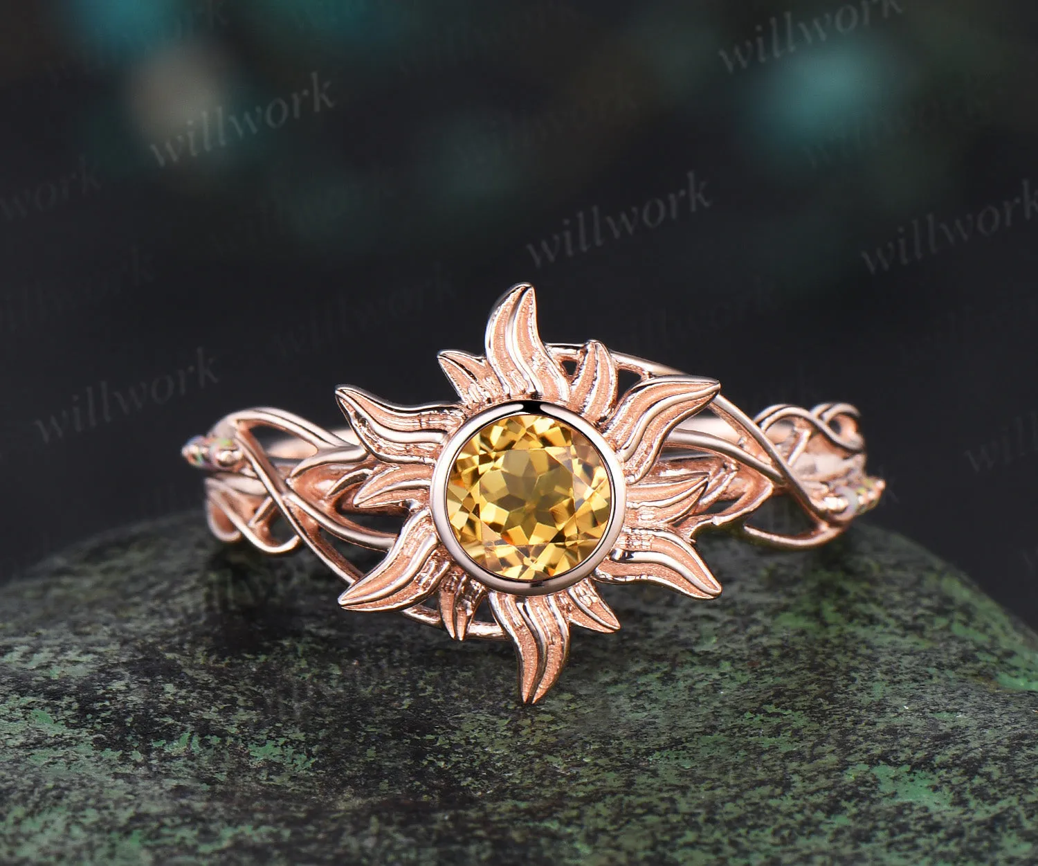 Rapunzel Ring Sun citrine Engagement Ring Tangled Sunflower Ring bezel 14k rose Gold Wedding Ring Birthday Gift For Her sold by Willwork Jewelry