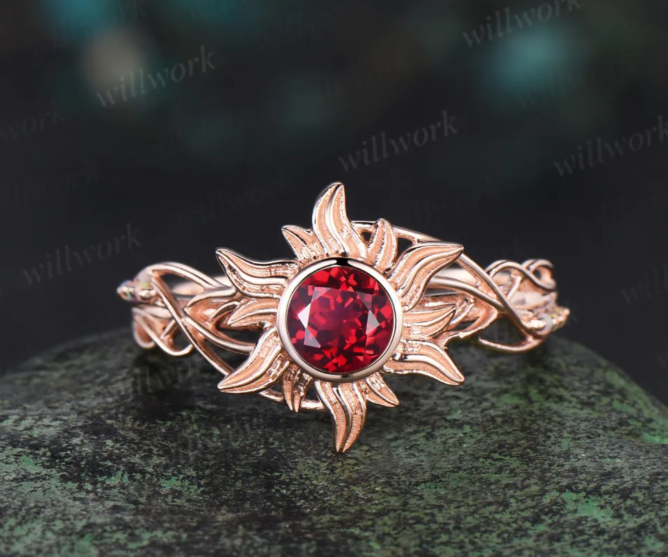 Rapunzel Ring Sun red ruby Engagement Ring Tangled Sunflower Ring bezel 14k rose Gold Wedding Ring Birthday Gift For Her sold by Willwork Jewelry