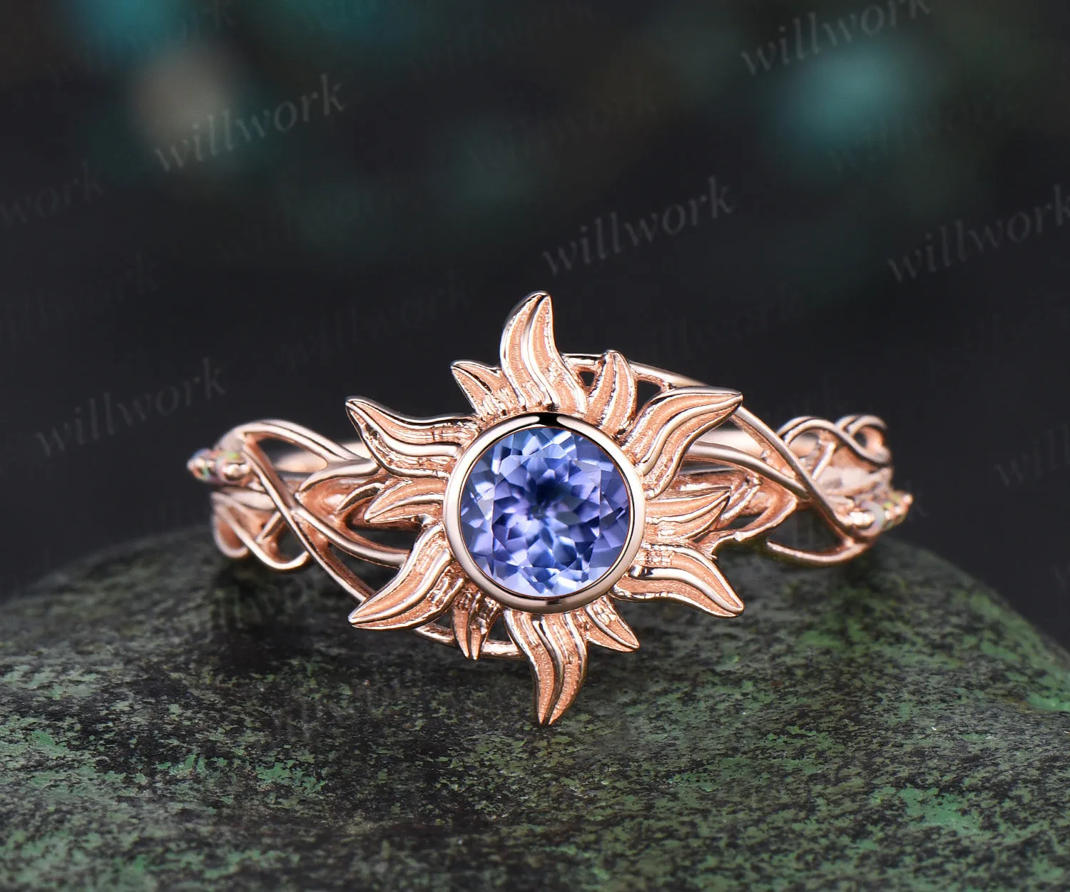 Rapunzel Ring Sun Tanzanite Engagement Ring Tangled Sunflower Ring 14k rose Gold Wedding Ring Birthday Gift For Her sold by Willwork Jewelry