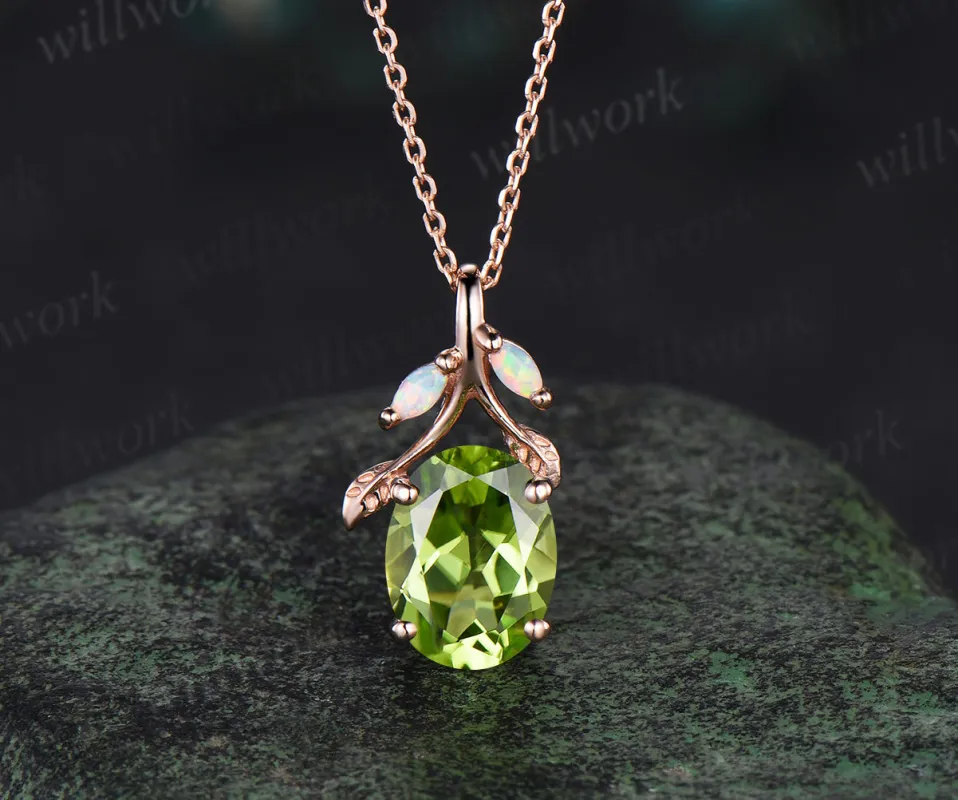 Oval cut peridot Necklace 14k rose gold three stone opal leaf Nature Inspired Pendant antique anniversary gift jewelry sold by Willwork Jewelry