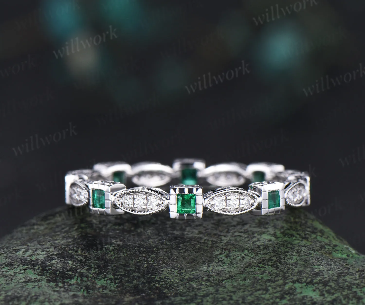 Square cut natural emerald wedding band Filigree Milgrain Edge full eternity diamond wedding ring art deco handmade ring solid 14k white gold sold by Willwork Jewelry product image thumbnail 2