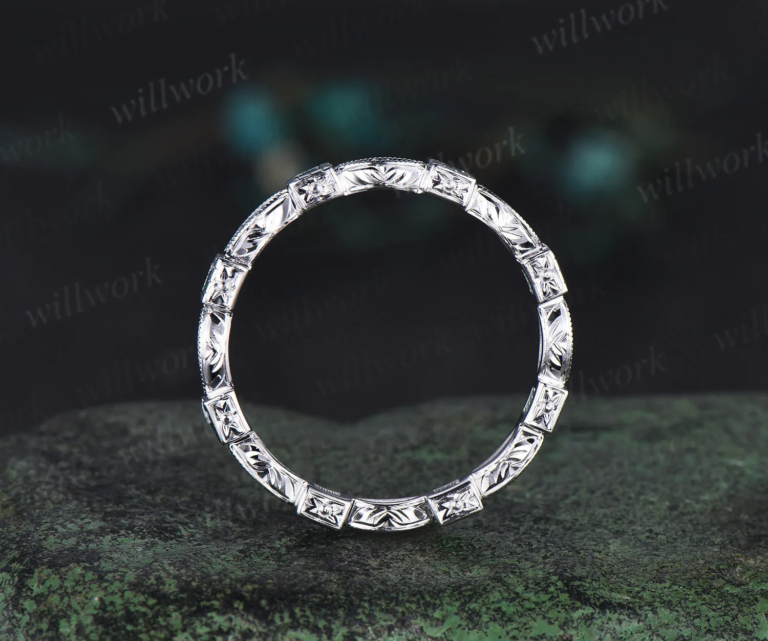 Square cut natural emerald wedding band Filigree Milgrain Edge full eternity diamond wedding ring art deco handmade ring solid 14k white gold sold by Willwork Jewelry product image thumbnail 5
