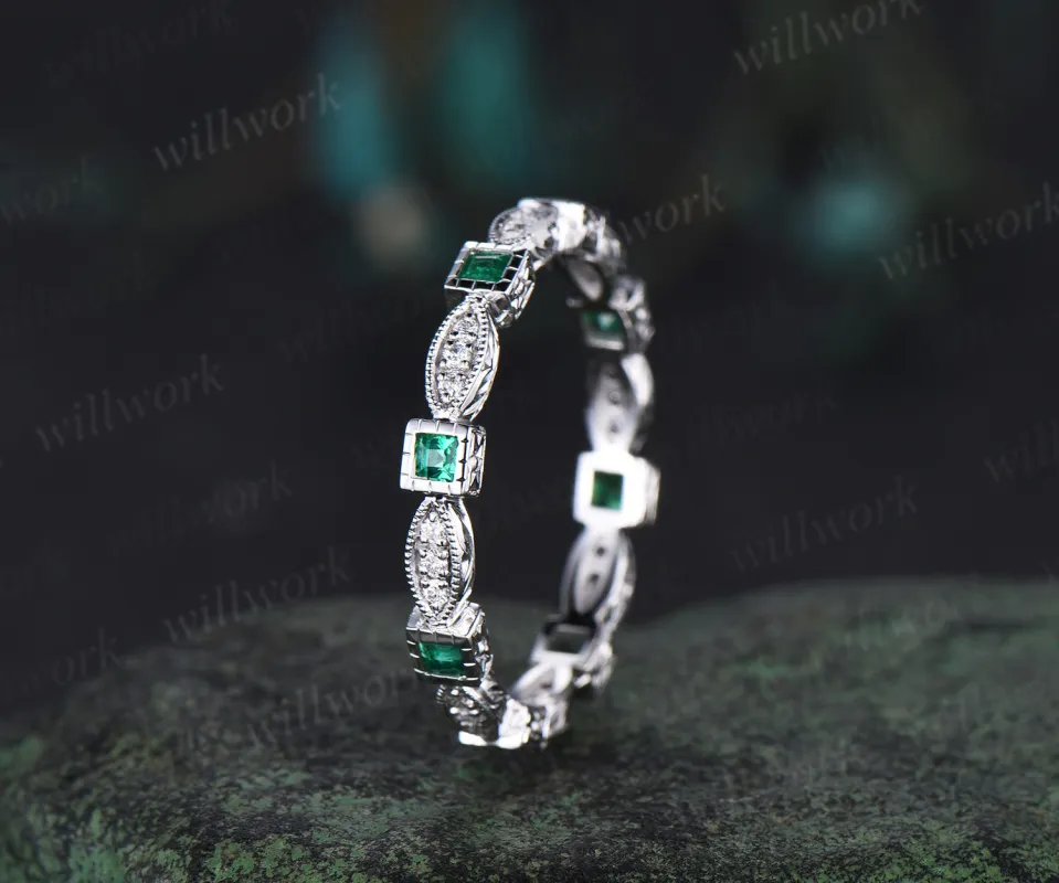 Square cut natural emerald wedding band Filigree Milgrain Edge full eternity diamond wedding ring art deco handmade ring solid 14k white gold sold by Willwork Jewelry