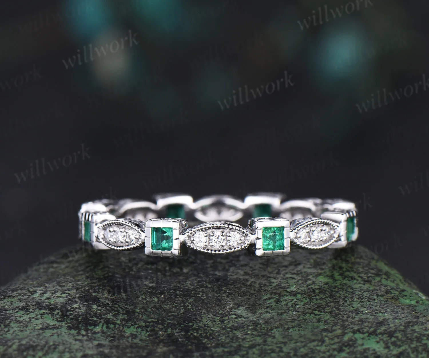 Square cut natural emerald wedding band Filigree Milgrain Edge full eternity diamond wedding ring art deco handmade ring solid 14k white gold sold by Willwork Jewelry product image thumbnail 4