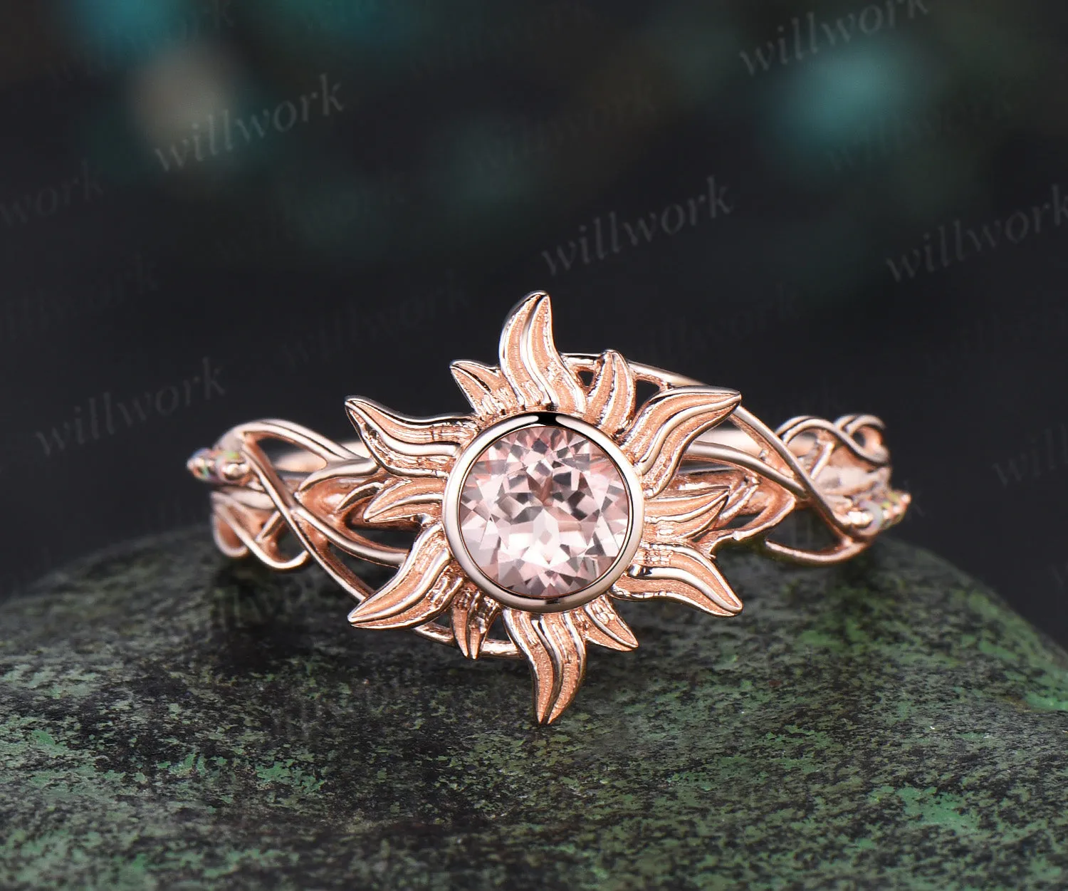 Rapunzel Ring Sun morganite Engagement Ring Tangled Sunflower Ring 14k rose Gold Wedding Ring Birthday Gift For Her sold by Willwork Jewelry