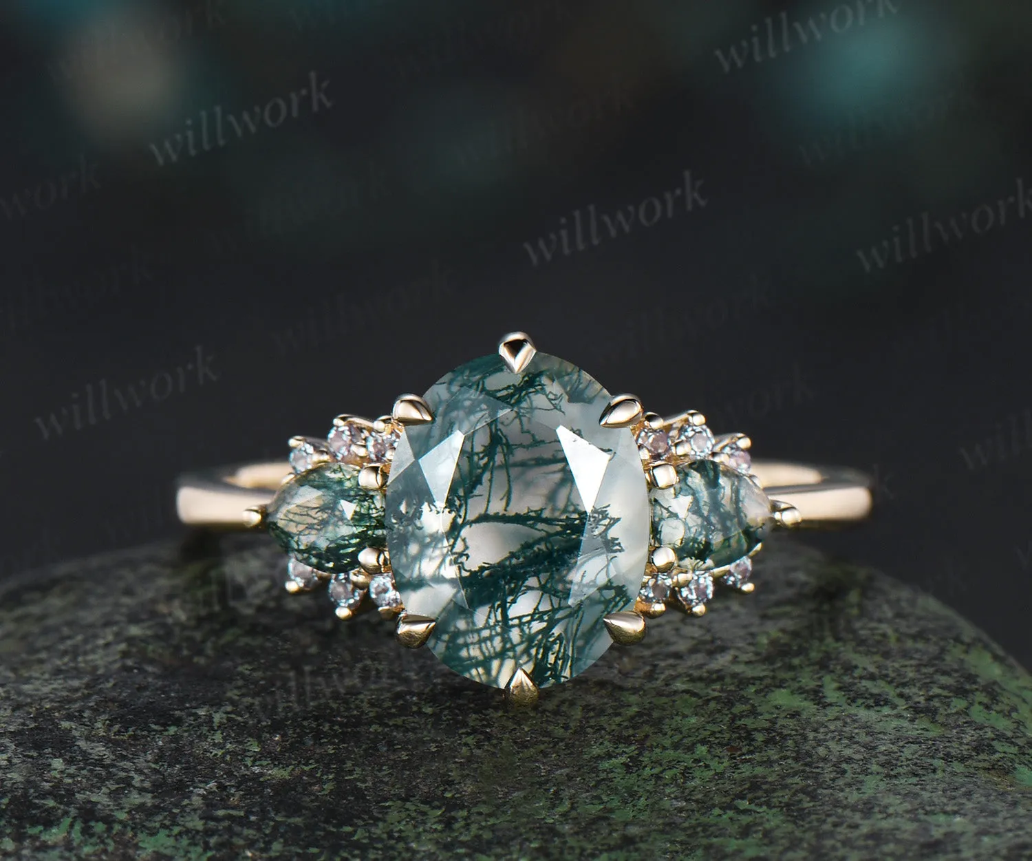2ct oval pear moss agate engagement ring set 14k yellow gold alexandrite stacking bridal wedding ring set women 6 prong sold by Willwork Jewelry product image thumbnail 3