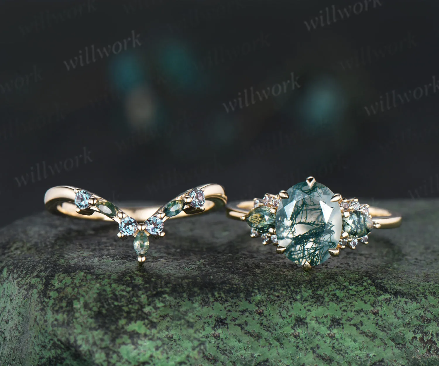 2ct oval pear moss agate engagement ring set 14k yellow gold alexandrite stacking bridal wedding ring set women 6 prong sold by Willwork Jewelry product image thumbnail 5
