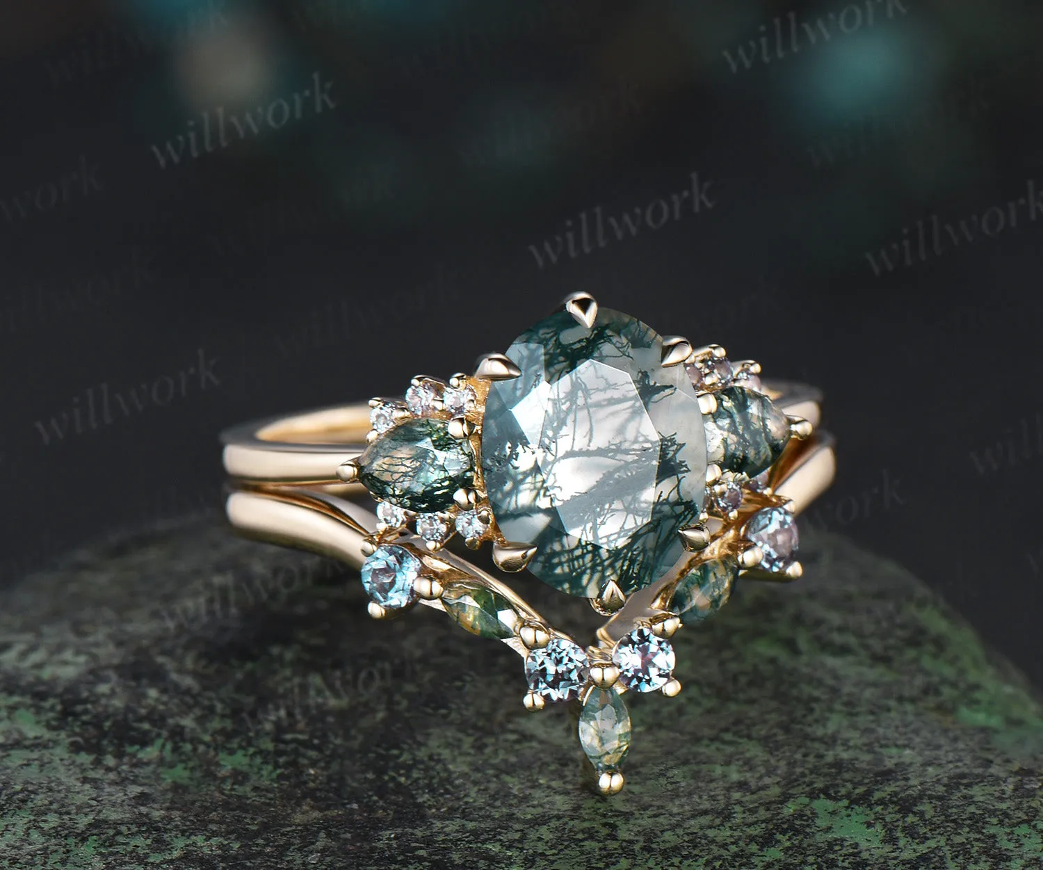 2ct oval pear moss agate engagement ring set 14k yellow gold alexandrite stacking bridal wedding ring set women 6 prong sold by Willwork Jewelry product image thumbnail 2