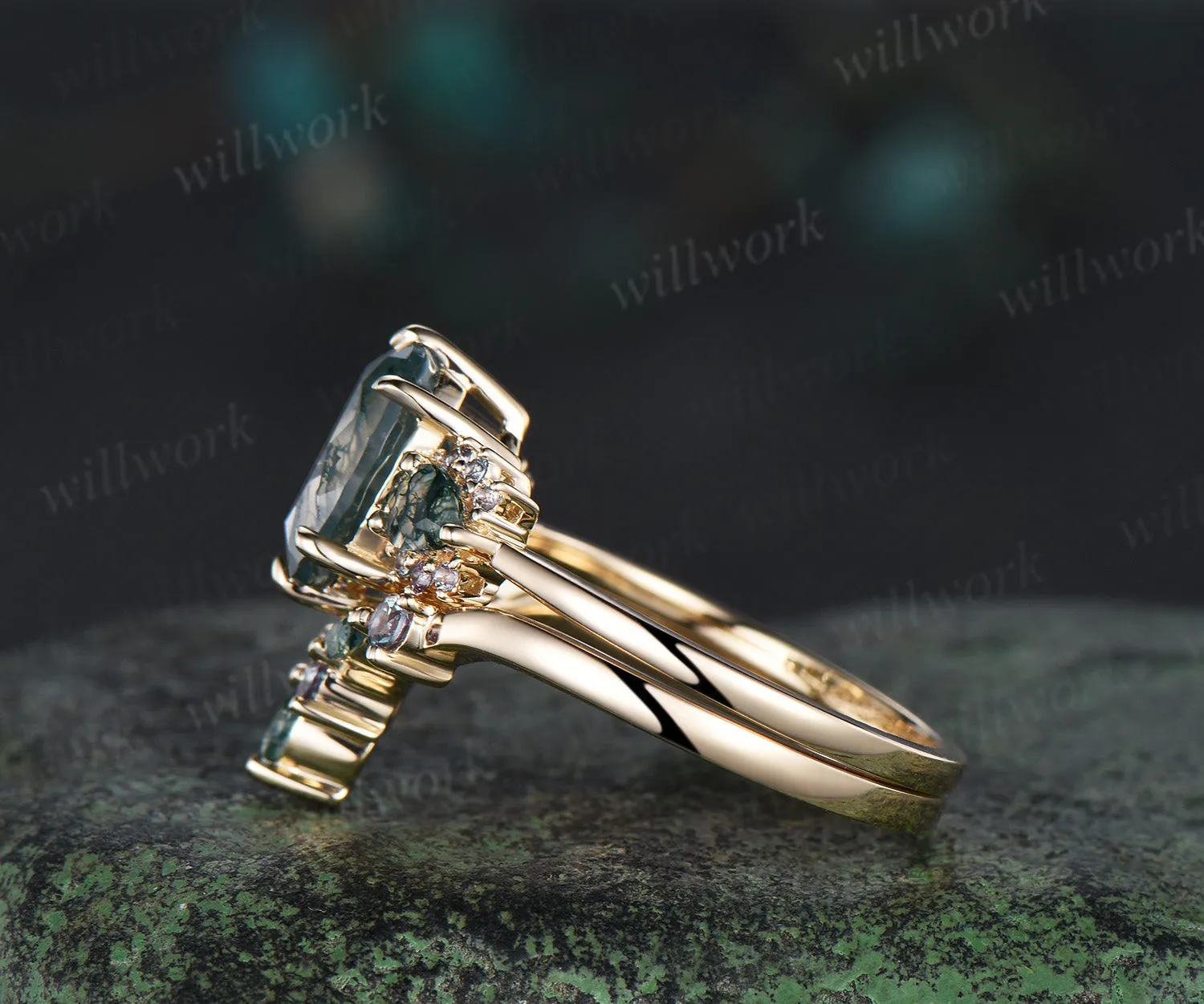 2ct oval pear moss agate engagement ring set 14k yellow gold alexandrite stacking bridal wedding ring set women 6 prong sold by Willwork Jewelry product image thumbnail 4