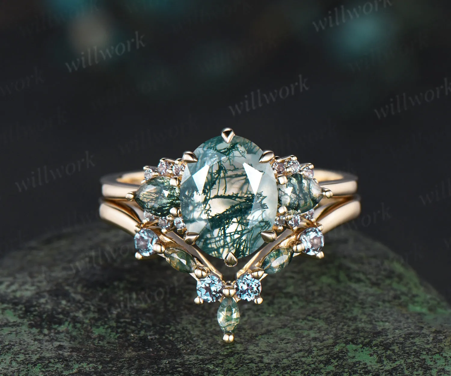2ct oval pear moss agate engagement ring set 14k yellow gold alexandrite stacking bridal wedding ring set women 6 prong sold by Willwork Jewelry