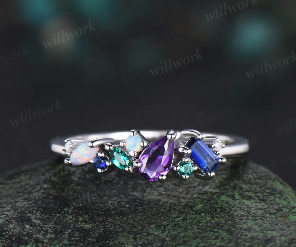 Unique pear amethyst ring white gold cluster Baguette cut sapphire ring women dainty Multi-Stone Ring opal wedding band gemstone anniversary ring gift sold by Willwork Jewelry
