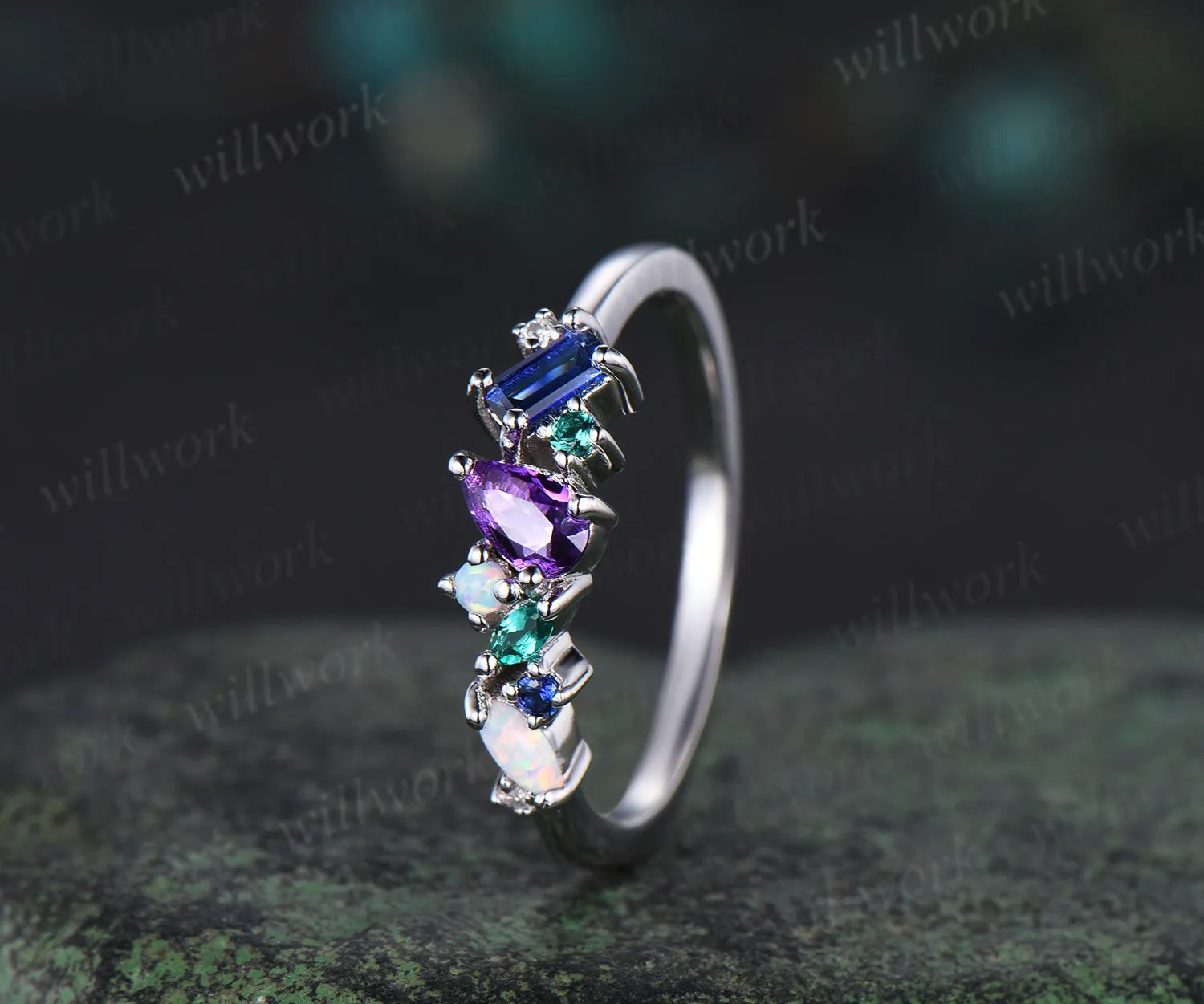 Unique pear amethyst ring white gold cluster Baguette cut sapphire ring women dainty Multi-Stone Ring opal wedding band gemstone anniversary ring gift sold by Willwork Jewelry product image thumbnail 2