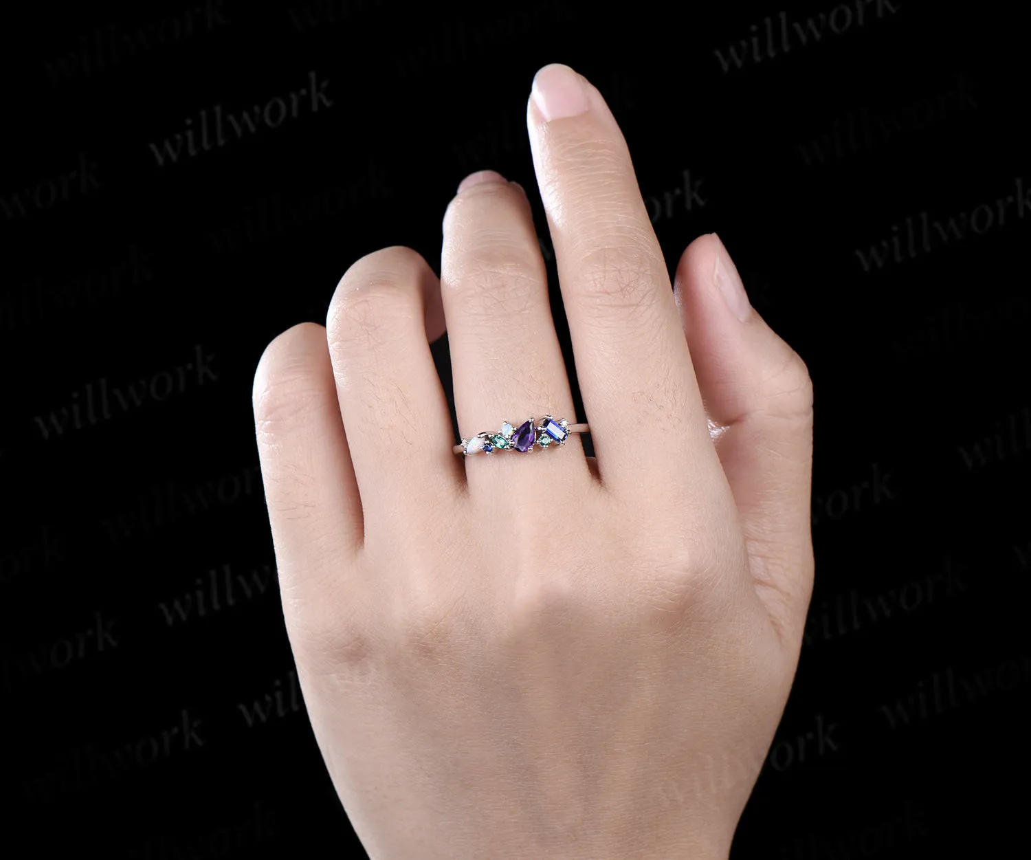 Unique pear amethyst ring white gold cluster Baguette cut sapphire ring women dainty Multi-Stone Ring opal wedding band gemstone anniversary ring gift sold by Willwork Jewelry product image thumbnail 3