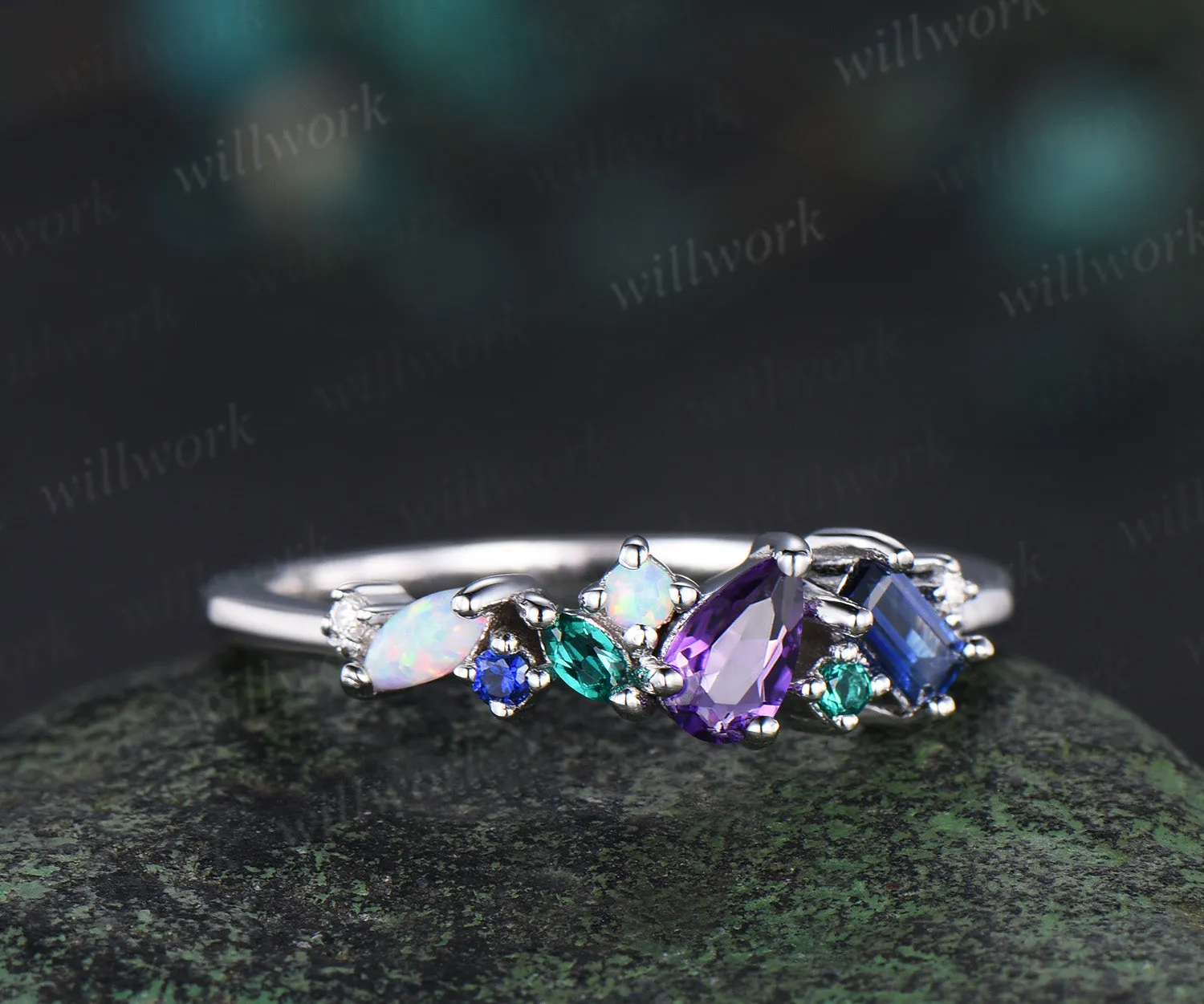 Unique pear amethyst ring white gold cluster Baguette cut sapphire ring women dainty Multi-Stone Ring opal wedding band gemstone anniversary ring gift sold by Willwork Jewelry product image thumbnail 4