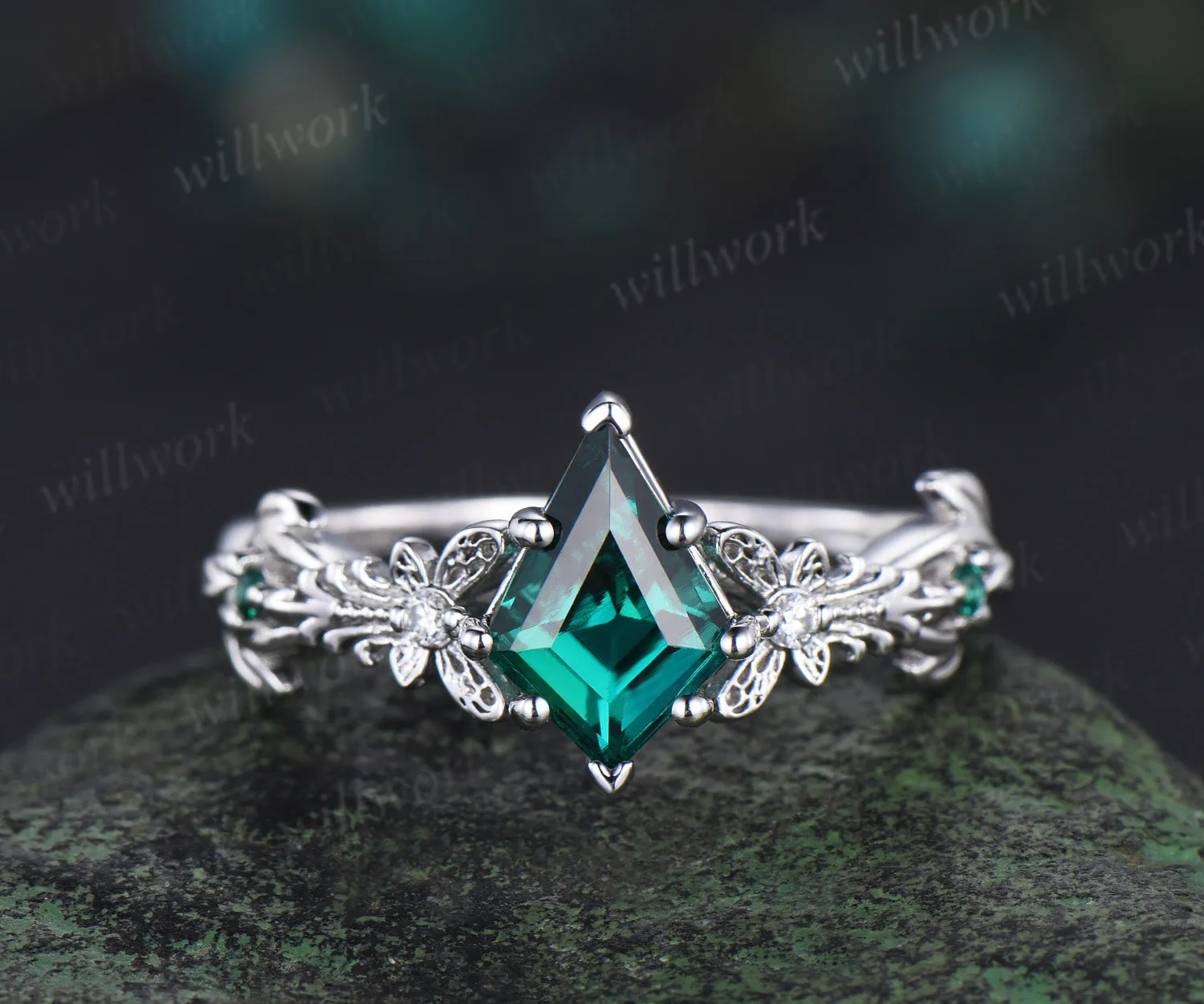 Art Filigree Kite Cut Emerald Engagement Ring 14k white Gold Butterfly Moissanite Wedding Ring Boho Ring May Birthstone Butterfly Jewelry sold by Willwork Jewelry