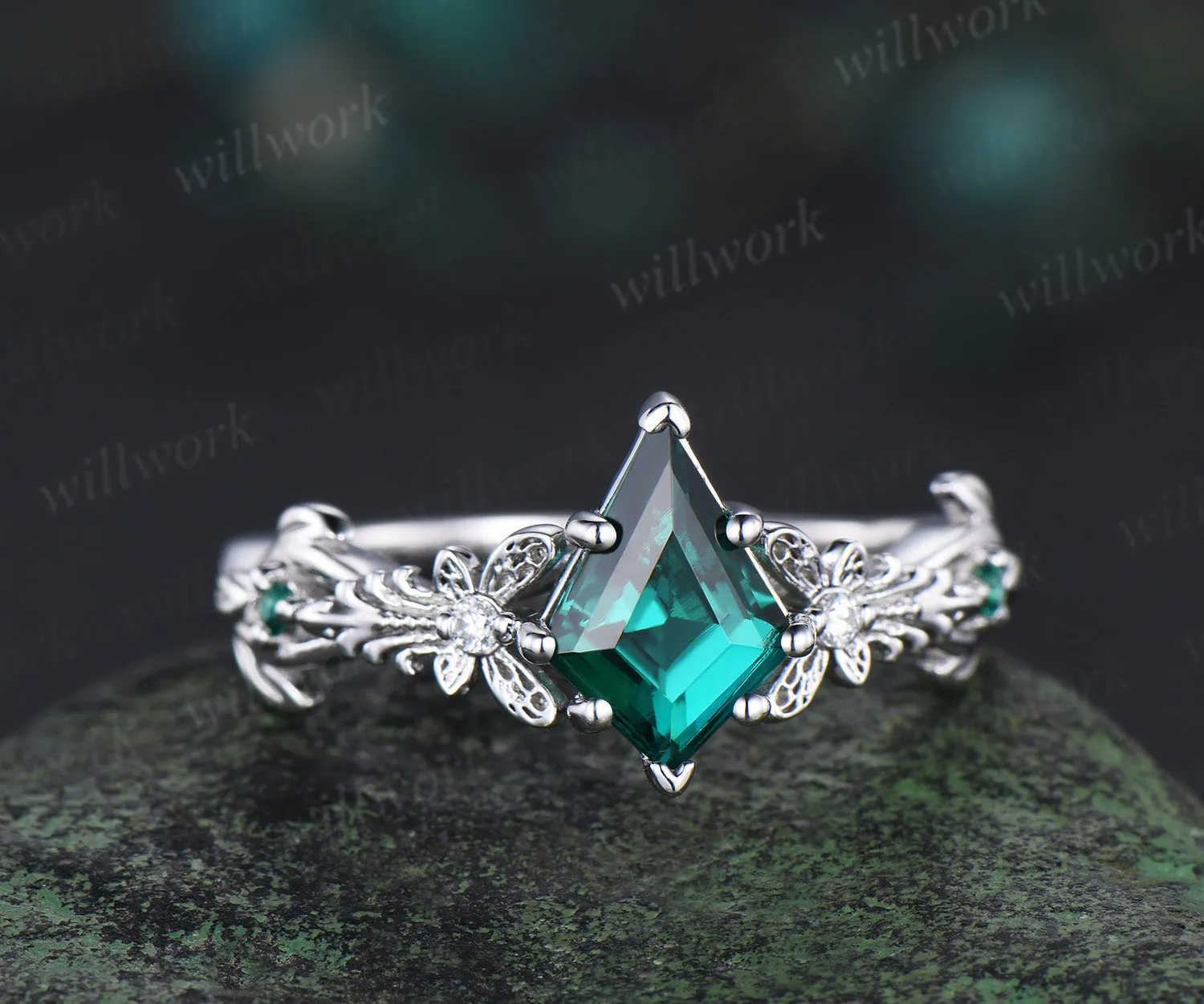 Art Filigree Kite Cut Emerald Engagement Ring 14k white Gold Butterfly Moissanite Wedding Ring Boho Ring May Birthstone Butterfly Jewelry sold by Willwork Jewelry product image thumbnail 2