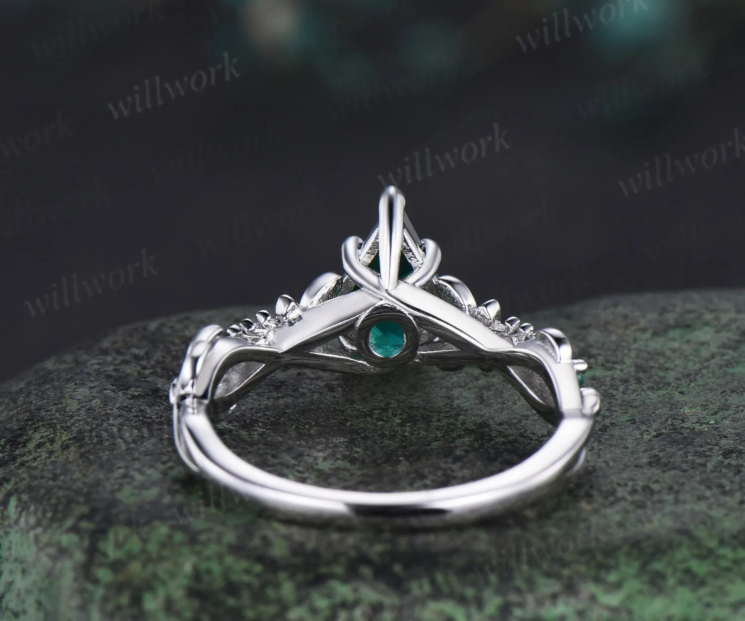 Art Filigree Kite Cut Emerald Engagement Ring 14k white Gold Butterfly Moissanite Wedding Ring Boho Ring May Birthstone Butterfly Jewelry sold by Willwork Jewelry product image thumbnail 5