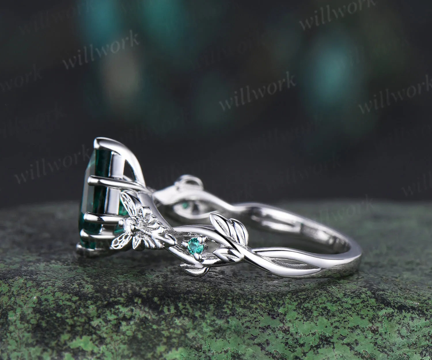 Art Filigree Kite Cut Emerald Engagement Ring 14k white Gold Butterfly Moissanite Wedding Ring Boho Ring May Birthstone Butterfly Jewelry sold by Willwork Jewelry product image thumbnail 4