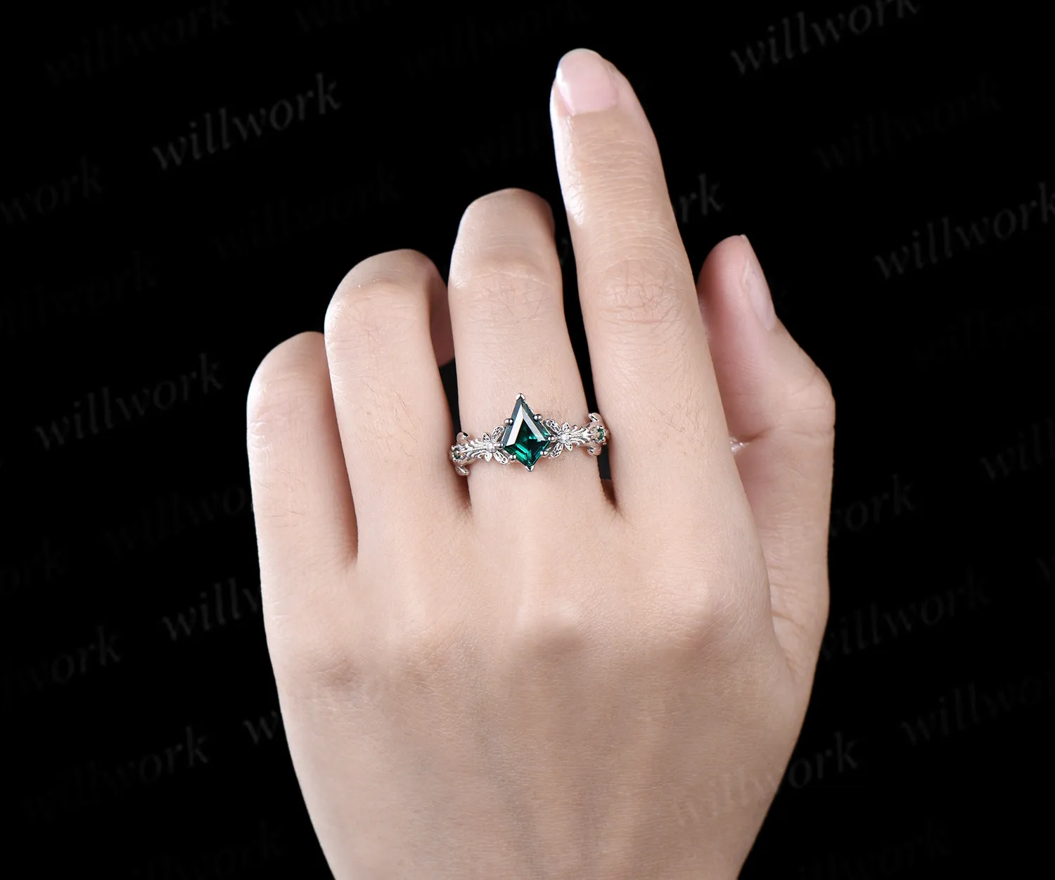 Art Filigree Kite Cut Emerald Engagement Ring 14k white Gold Butterfly Moissanite Wedding Ring Boho Ring May Birthstone Butterfly Jewelry sold by Willwork Jewelry product image thumbnail 3