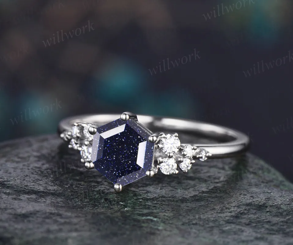 READY TO SHIP: Hexagon Blue Sandstone Engagement Ring - Sterling Silver - Ring Size: 8.5 US made by Willwork Jewelry