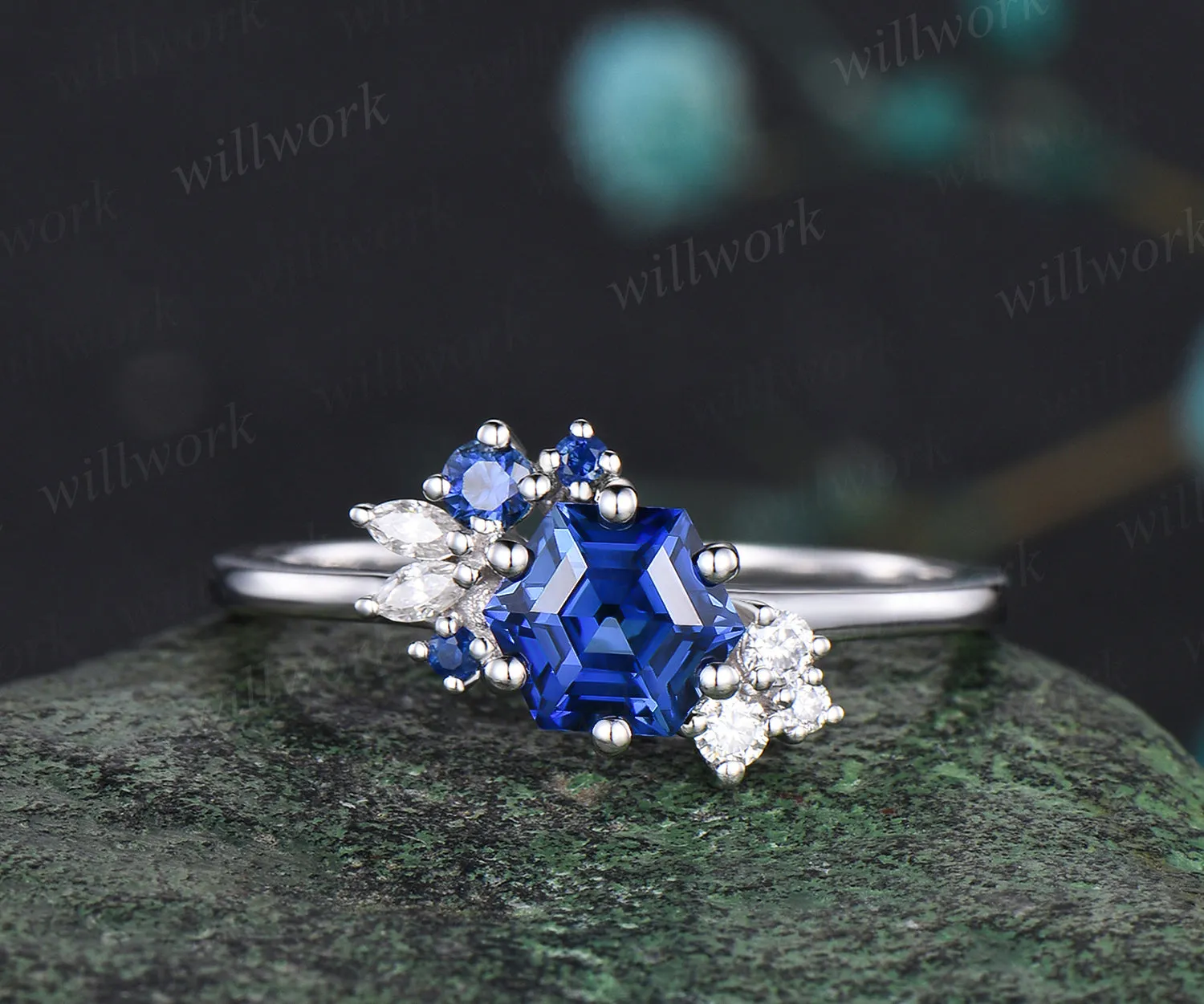 READY TO SHIP: Hexagon Blue Sapphire Engagement Ring - Sterling Silver - Ring Size: 5.25 US sold by Willwork Jewelry