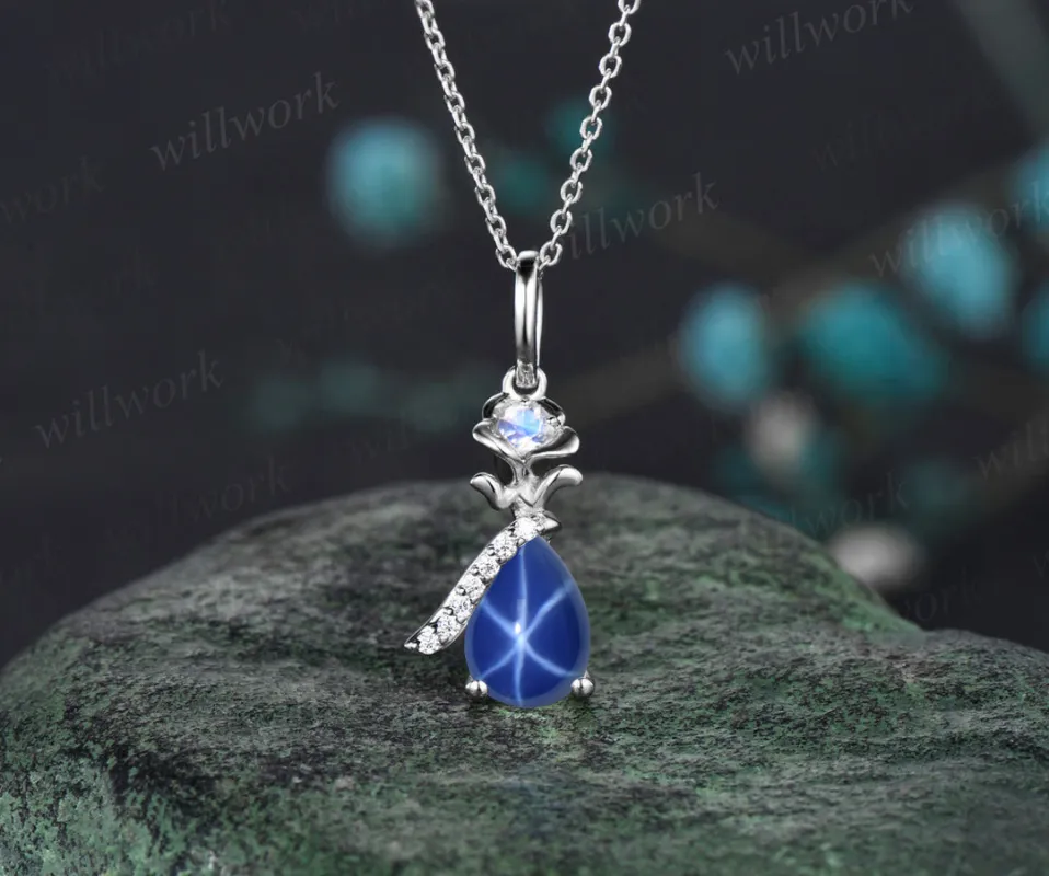 READY TO SHIP: Pear-cut Blue Star Sapphire Necklace - Sterling Silver made by Willwork Jewelry