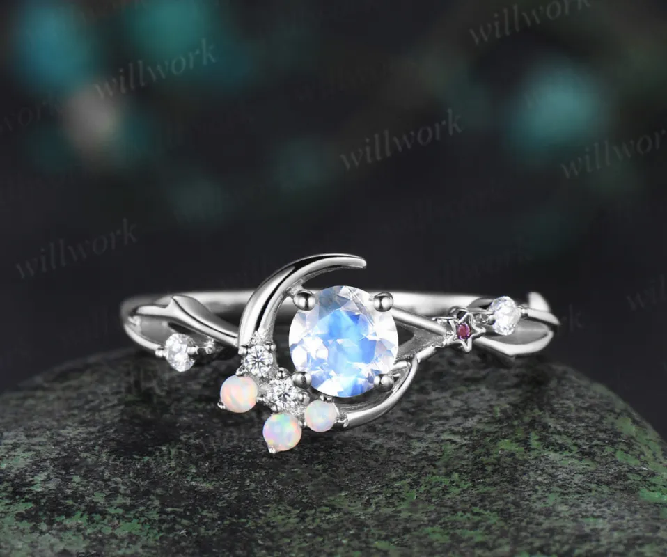 READY TO SHIP: Round Moonstone Engagement Ring - Sterling Silver - Ring Size: 9.25 US sold by Willwork Jewelry