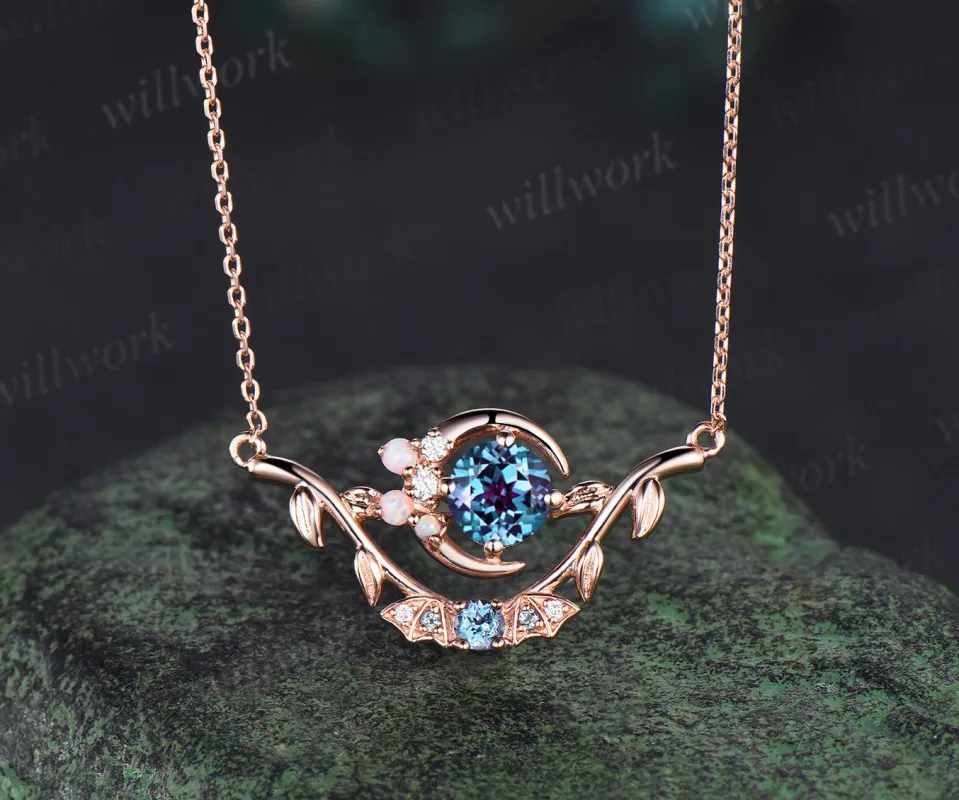 Unique Gothic Pendant Necklace Night Moon Bat Alexandrite rose gold Magic Crescent Moon Leaf Branch Necklace Halloween Anniversary gift Women made by Willwork Jewelry