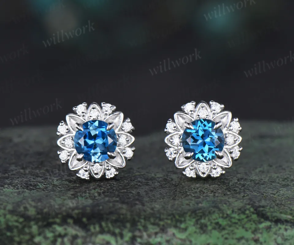 Unique Round Cut London Blue Topaz Stud Earrings Art Deco 14k white Gold diamond Halo Earrings December Birthstone Earrings sold by Willwork Jewelry