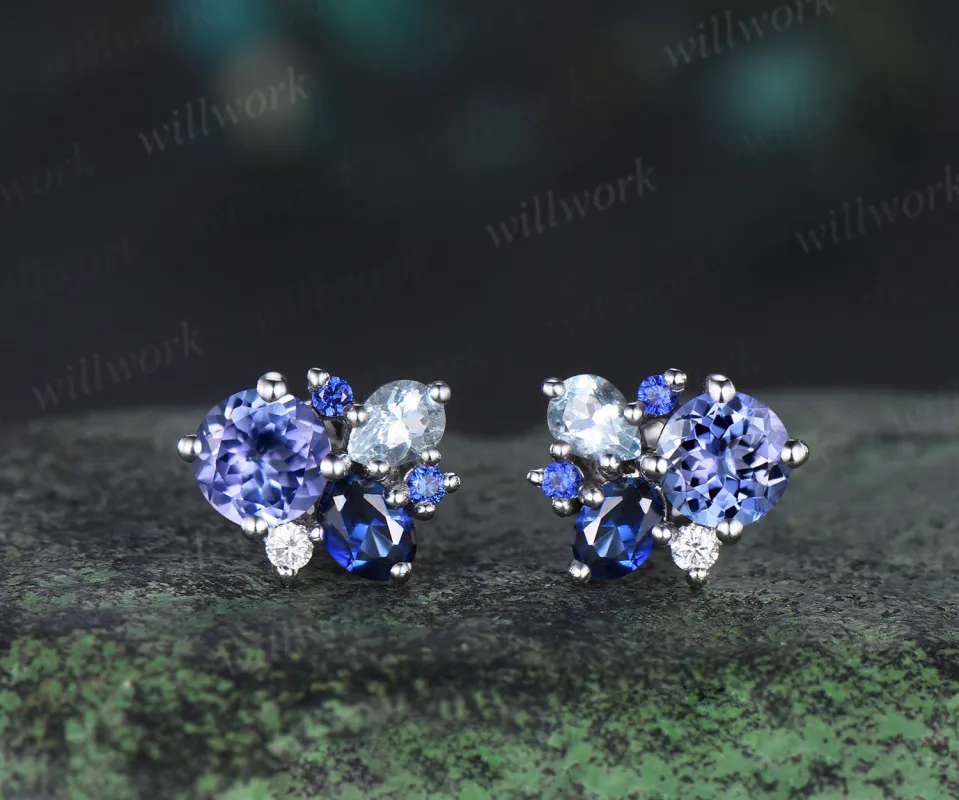 Dainty Round Cut Natural Tanzanite Stud Earrings 14K white Gold Blue Sapphire Aquamarine Cluster Multi-Stone Earrings December Birthstone Earrings made by Willwork Jewelry