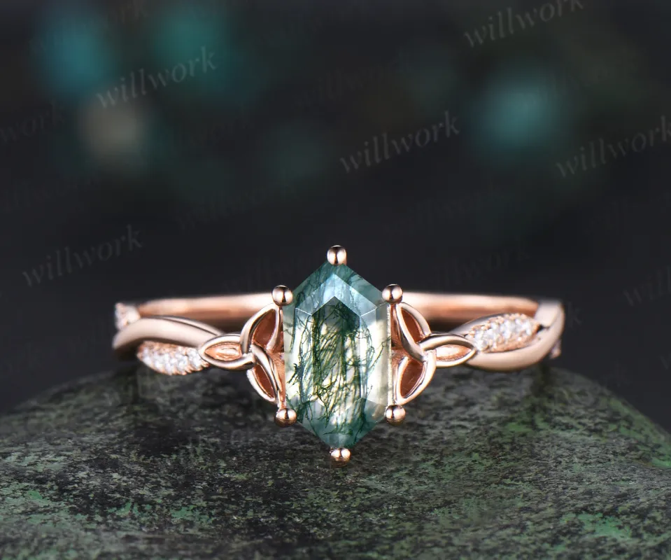 Long hexagon cut moss agate engagement ring 14k rose gold eternity Celtic knot diamond wedding ring women sold by Willwork Jewelry