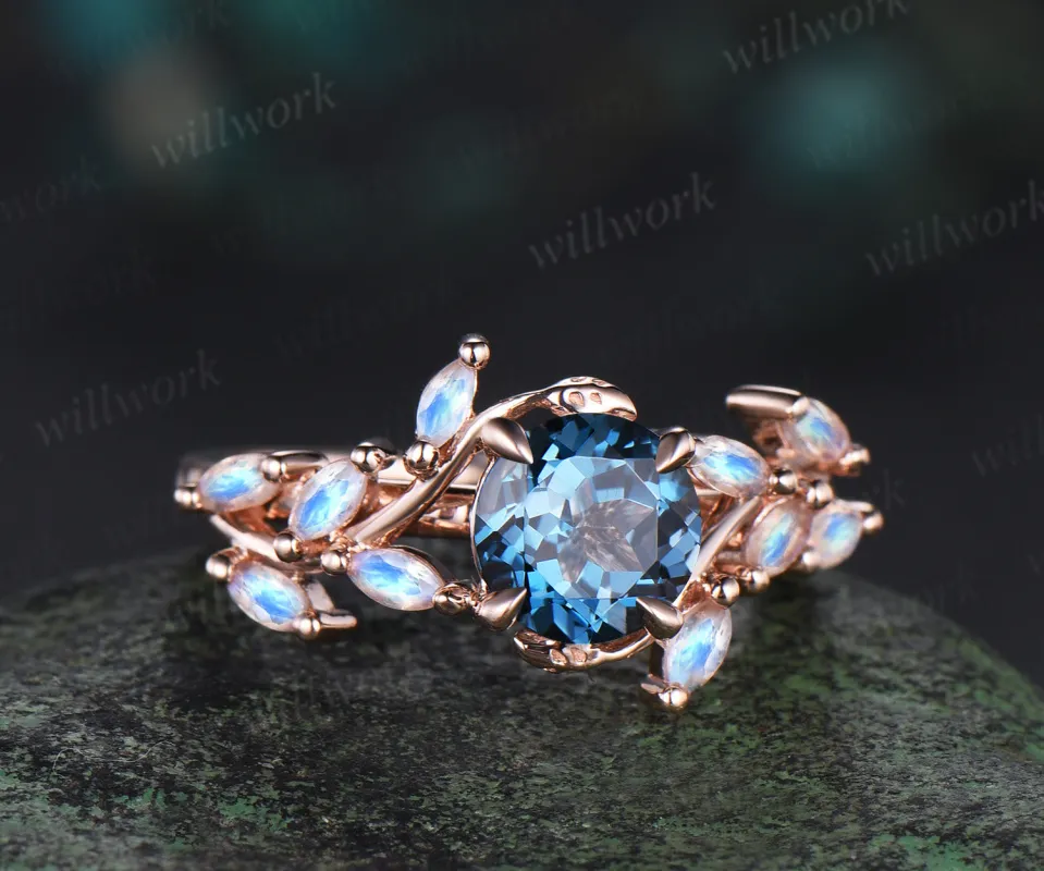 1ct round London Blue Topaz Moonstone Ring Vintage rose gold Leaf Cluster Engagement Ring December Birthstone Gift Women sold by Willwork Jewelry