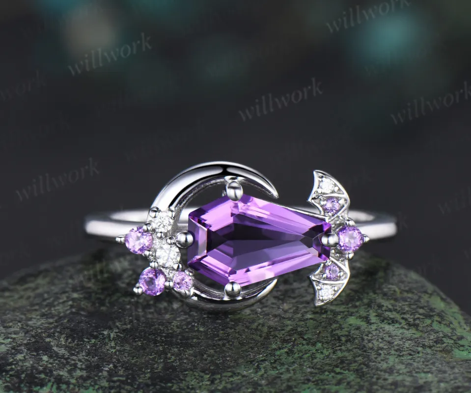 Unique coffin Shaped Amethyst engagement ring white gold cluster moon bat diamond wedding ring women crystal gift made by Willwork Jewelry