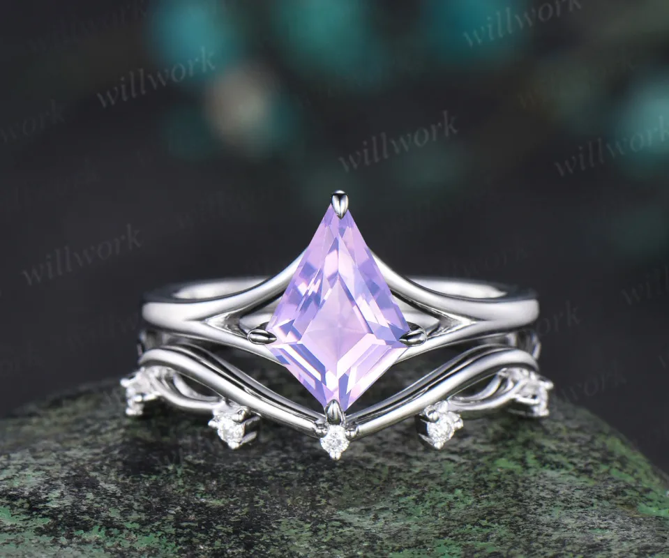 Kite cut Lavender Amethyst 14k white gold unique split shank engagement ring women infinity anniversary gift sold by Willwork Jewelry